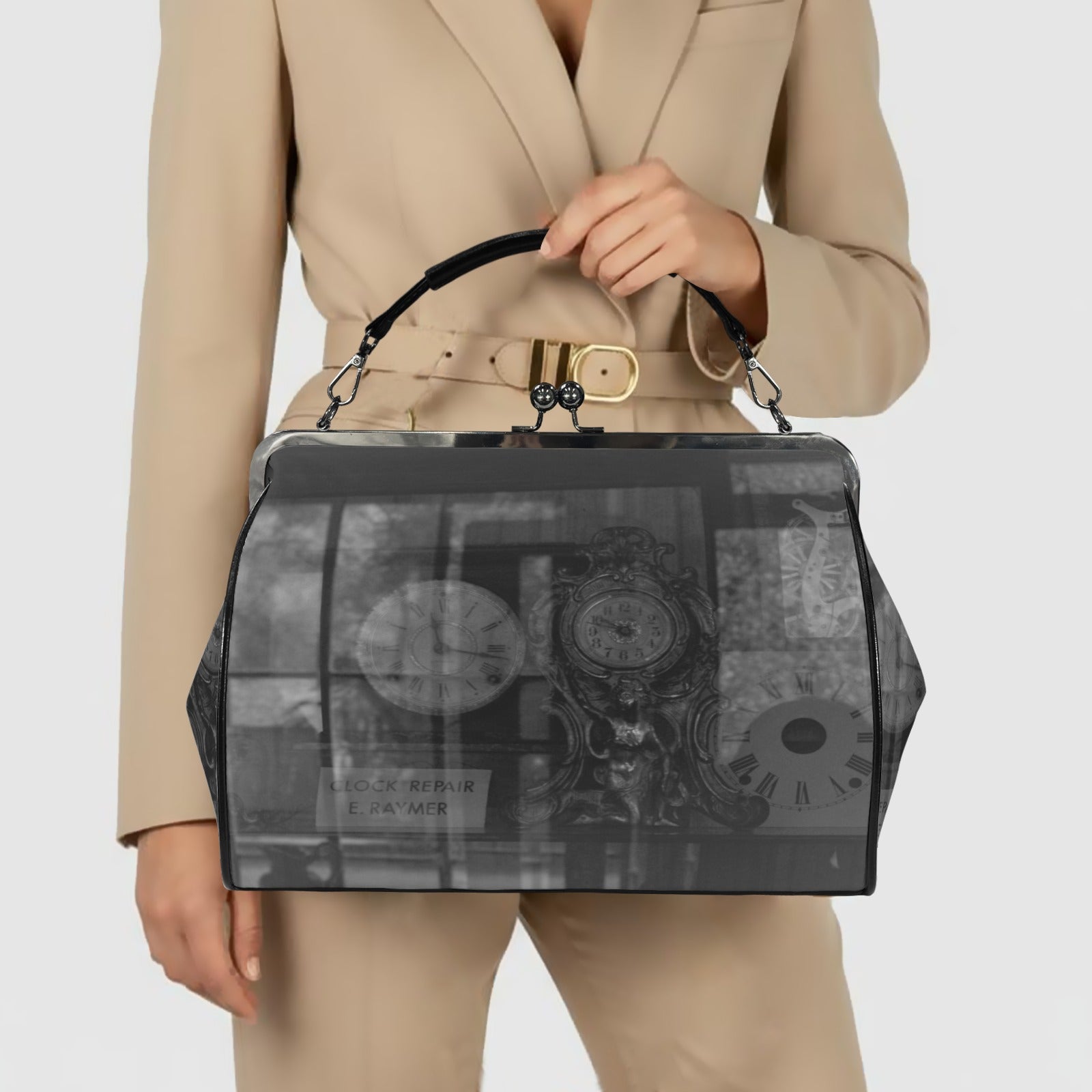 Vintage Clock Bag Kisslock Crossbody Shoulder Bag-Large