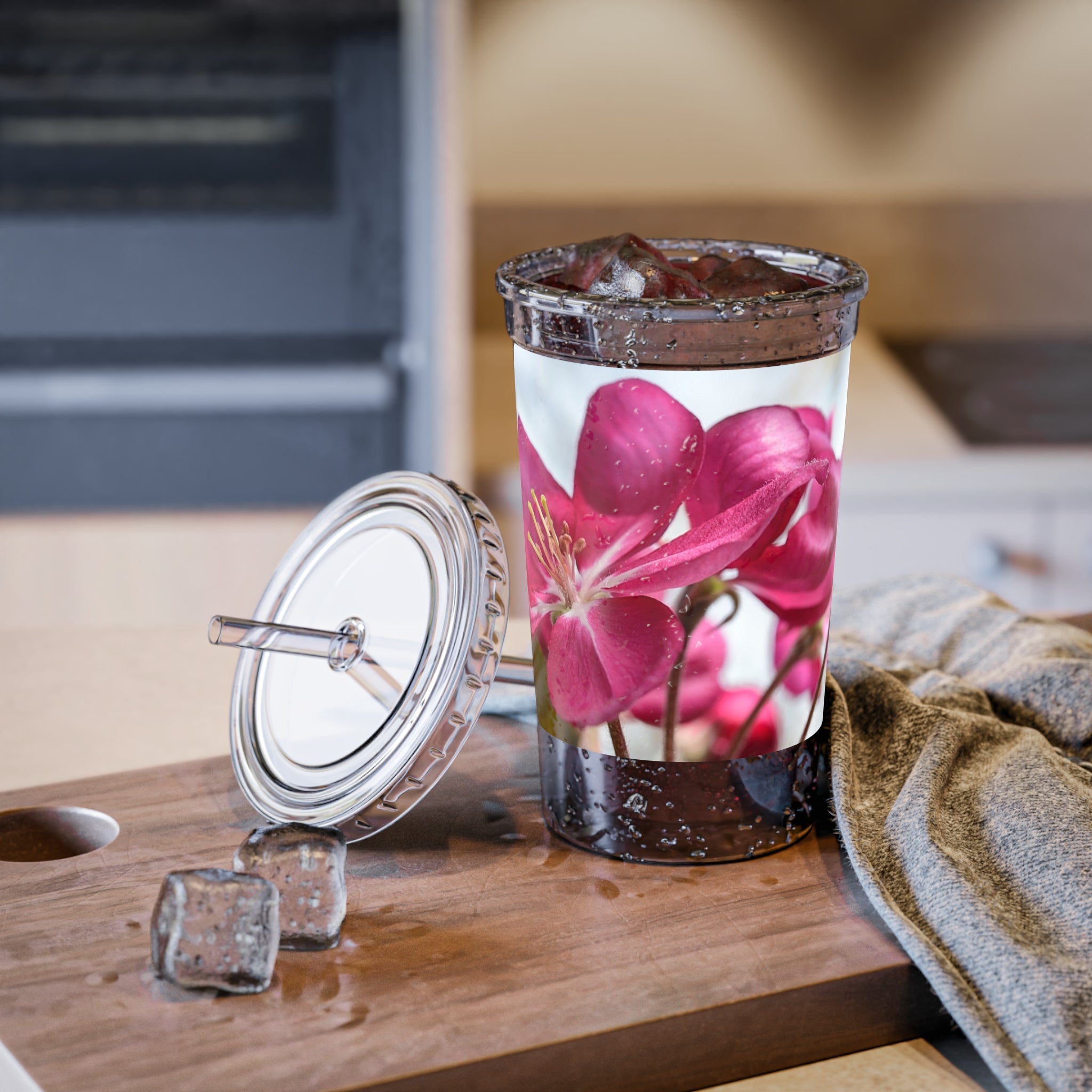 Pink Magnolia Acrylic Tumbler - Floral Suave Cup with Straw