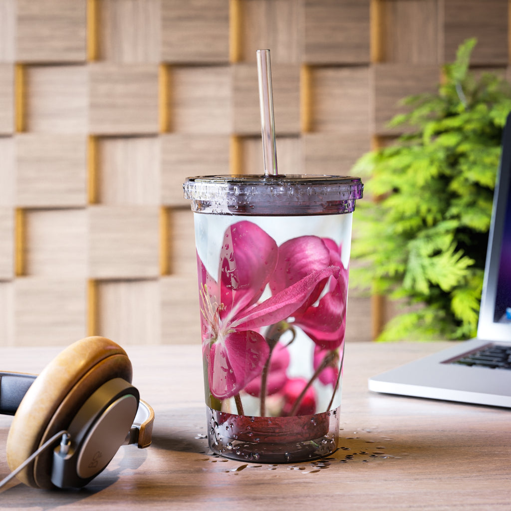 Pink Magnolia Acrylic Tumbler - Floral Suave Cup with Straw