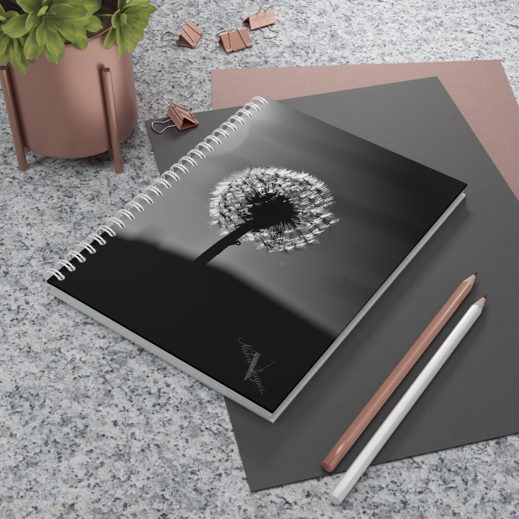 Dandelion Silhouette Notebook | Black White Floral Spiral Notebook