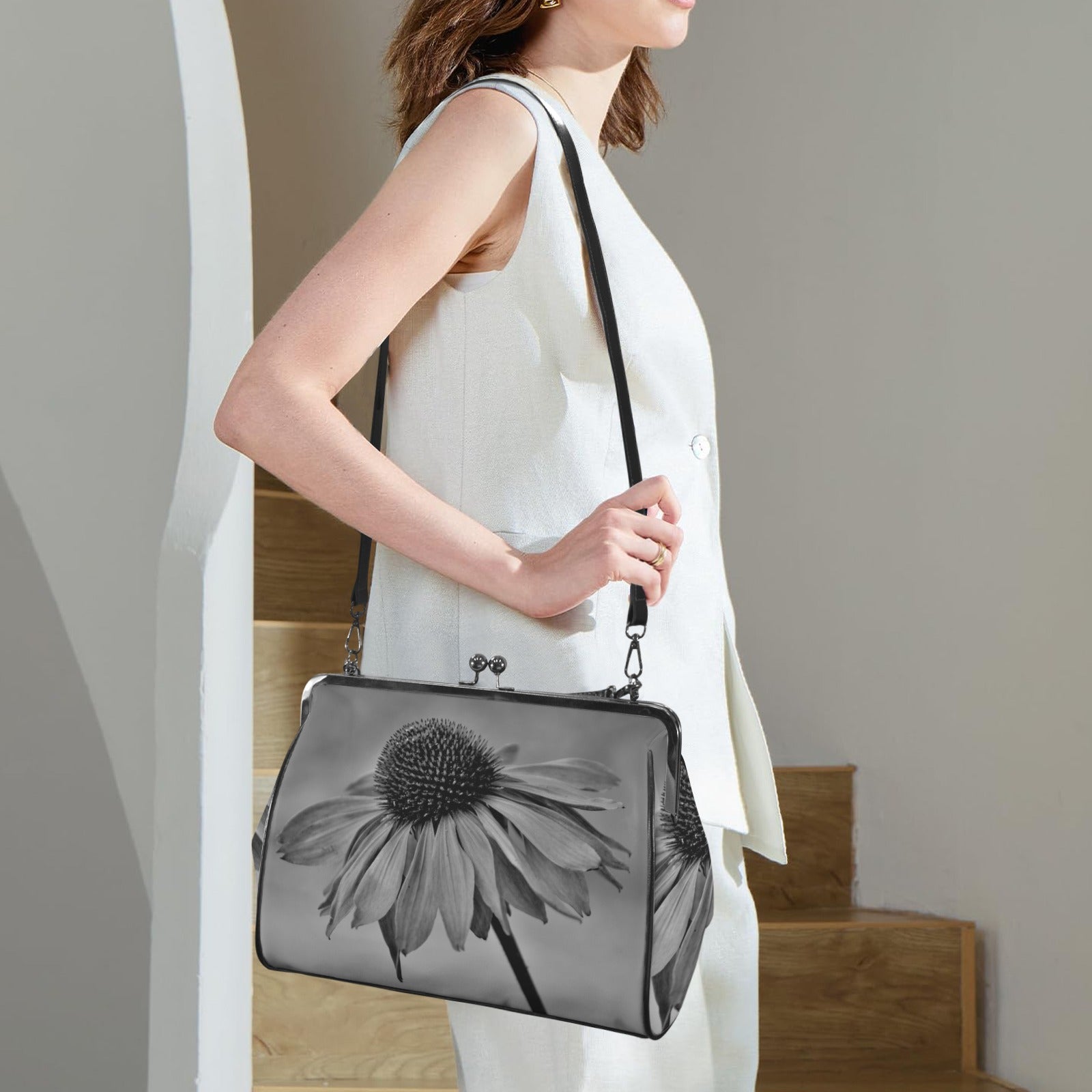 Vintage Floral Bag Kisslock Crossbody Shoulder Bag-Large